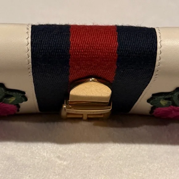 Gucci Sylvie Floral Embroidered Zip Around Wallet Ivory Leather Web Stripe - Picture 7 of 13